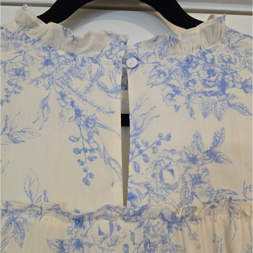 Talmlah Blue Toile Floral Tiered Ruffle Midi Dress L Cottagecore - Picture 9 of 10